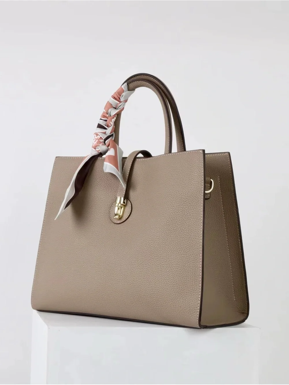 Classic Structured Togo Leather Bag in Brown with Scarf Accent